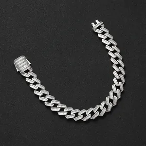 12mm silbernes Panzerarmband mit Baguette-Steinen und Federverschluss Hip-Hop-Schmuck