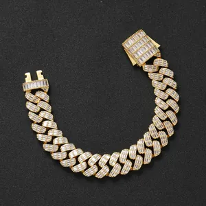 17mm gold Cuban link bracelet with square-cut iced out stones in hip-hop style