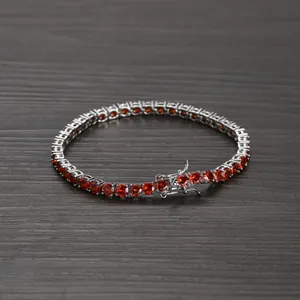 Classic 4mm tennis bracelet with red cubic zirconia stones in silver setting for men and women