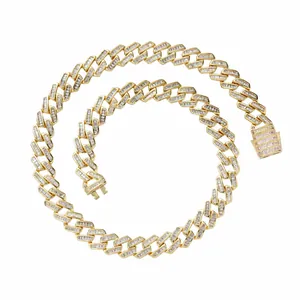 Catena a Maglia Cubana da 12mm con Zirconia Taglio Baguette Iced Out in Rame Collana Bracciale Hip Hop da Uomo Oro Argento