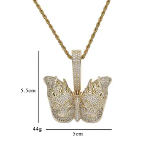 Hellfire skull butterfly pendant necklace for men with sparkling cubic zirconia