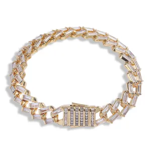 Gold-plated 12mm Cuban link bracelet with sparkling cubic zirconia on white background