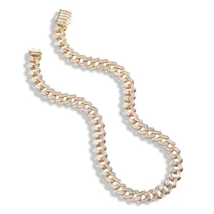 12mm Gold Cuban link chain for men with baguette-cut zircon stones and diamond clasp
