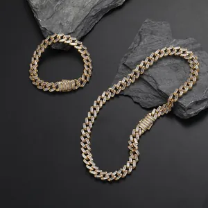 Detailed macro view of 12mm hip hop gold Cuban link bracelet with baguette zircon stones