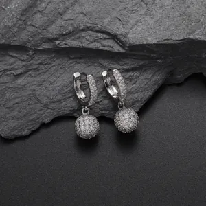 Silver hoop earrings with sparkling iced-out pave zircon ball pendants for men and women