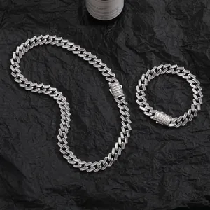 Icy silver 12mm baguette cut zircon cuban link chain and bracelet set for men