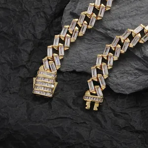 12mm gold plated Cuban link necklace with rectangular baguette zircon stones for men