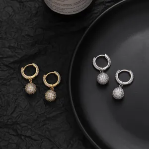 Hip Hop Micro Pave Zirconia Ball Drop Hoop Earrings For Women Men Copper Gold Silver Plated Disco Ball Jewelry Gift