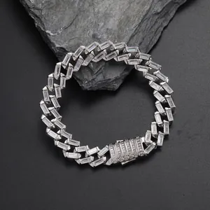 Hip hop 12mm silver rhinstone cuban bracelet with baguette-cut zircons for men