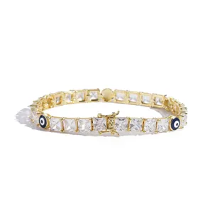 Bracciale tennis dorato con zirconi quadrati e ciondoli occhio del diavolo blu