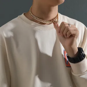 Men's 12mm gold plated Cuban link necklace with rectangular zircon stones in hiphop style