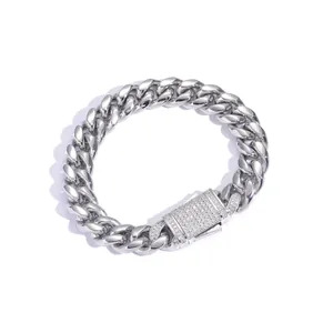 Poliertes 12mm silbernes Panzerarmband mit eisgekühlter Pavee-Diamant-Schnalle
