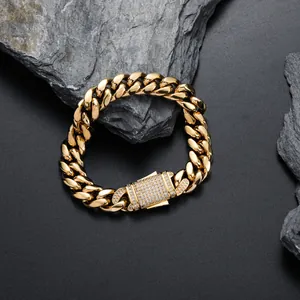 12mm goldenes Panzerarmband mit Strass-Verschluss für Herren im modischen Hip-Hop-Stil