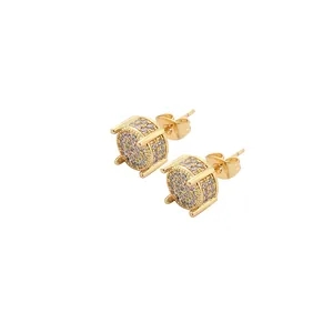 Detailed view of hip hop gold round stud earrings with micro-paved sparkling cubic zirconia