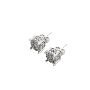 Pair of hiphop style silver round stud earrings with pave set sparkling zircon stones