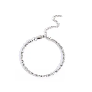 Detail of 4mm silver rope chain anklet featuring a lobster clasp and extension chain
