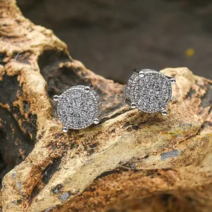 Hiphop style silver-tone round stud earrings with full cubic zirconia pave setting