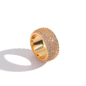 Hip hop 11mm gold ring with five rows of sparkling cubic zirconia paved on band