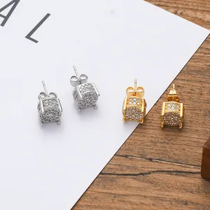 Hiphop round stud earrings in gold and silver finish with full pave cubic zirconia
