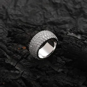 Sparkling hip hop 11mm wide band ring with five rows of pavé set round zircons for men