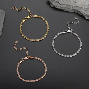 Set of 4mm twist rope anklets in gold, silver, and rose gold with adjustable chains
