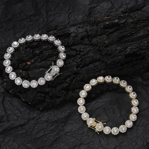 Hip hop style 8mm round zircon link necklace in gold and silver finish with flower clasp