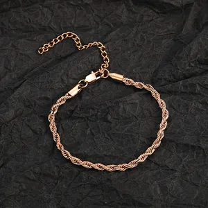 Detail view of 4mm rose gold rope chain anklet featuring lobster clasp and extension link