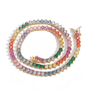 Rainbow gemstone tennis necklace with gold-plated 4mm round-cut stones for men and women