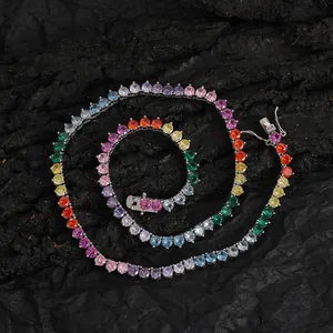 Hip Hop Unisex Rainbow Colorful Zirconia Tennis Chain Gold Silver Plated Copper Necklace Bracelet For Party Jewelry