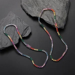 Rainbow gradient 4mm tennis necklace in gold and silver plating with claw-set stones