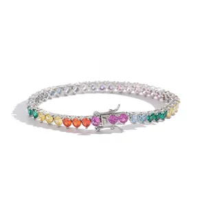 Detail of rainbow tennis bracelet with 4mm colored cubic zirconia and secure clasp