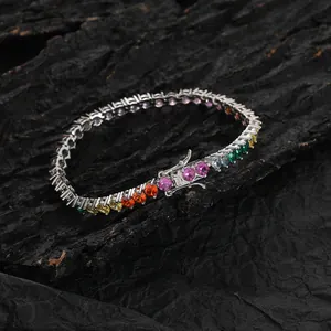 Rainbow cubic zirconia 3-prong tennis bracelet in polished silver finish and secure clasp