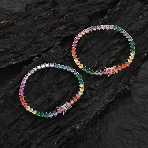Rainbow tennis bracelet set with multi-color zircon stones in gold and silver plating