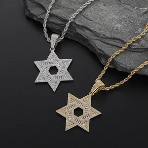 Parure de colliers avec pendentif étoile de David hip hop en or et argent serti de zircons