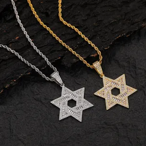 Collier Pendentif Étoile de David Hip Hop Plaqué Or Argent Cuivre Micro-pavage Zircon CZ Hexagramme Bijoux Iced Out Homme Femme