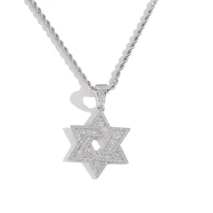 Collier hip hop avec pendentif étoile de David en argent, serti de zircons et chaîne corde
