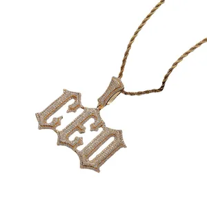 Iced out CEO letter pendant necklace with gold rope chain and pavé zircons for hip-hop style