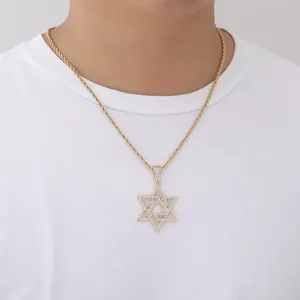 Collier hip hop doré avec pendentif étoile de David glacé et chaîne corde pour homme