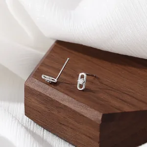 Minimalist S925 sterling silver paperclip stud earrings with center zircon stones