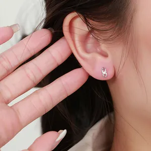 Minimalist S925 sterling silver paperclip stud earrings with zircon inlay for women