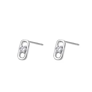 Minimalist S925 silver paperclip stud earrings with central round-cut solitaire zircon