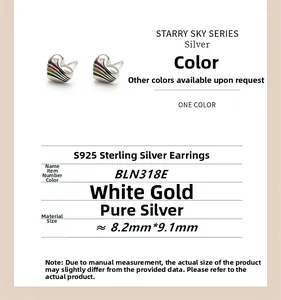Detail view of rainbow heart stud earrings in S925 sterling silver with dimensions