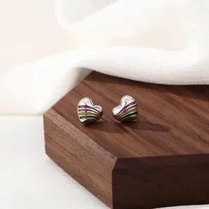 Rainbow heart stud earrings in S925 sterling silver with colorful enamel and zircon detail