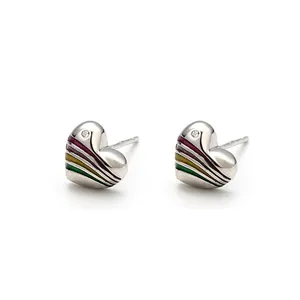 S925 sterling silver heart stud earrings with rainbow enamel stripes and zircon gemstone