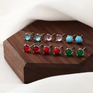Minimalist 925 Sterling Silver Stud Earrings For Women With Round Colorful Gemstone Inlaid Fashion Jewelry Finger Accessory