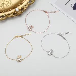 Three dainty rabbit charm bracelets in silver, gold and rose gold with zircon inlay