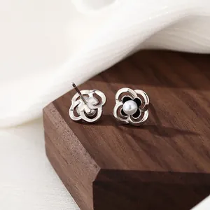S925 Sterling Silver Camellia Flower Stud Earrings With Artificial Pearl And Enamel Hollow Design Gold Silver Rose Gold Plated Women Jewelry Gift