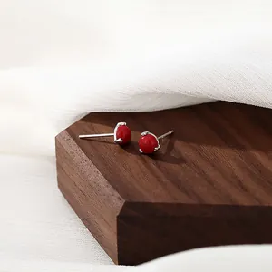 Minimalist S925 sterling silver stud earrings with round red agate stones