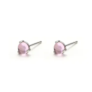 Elegant S925 sterling silver stud earrings featuring pink cabochon round gemstones
