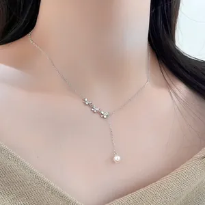 S925 silver butterfly pearl fringe necklace elegant Y-shaped choker for women